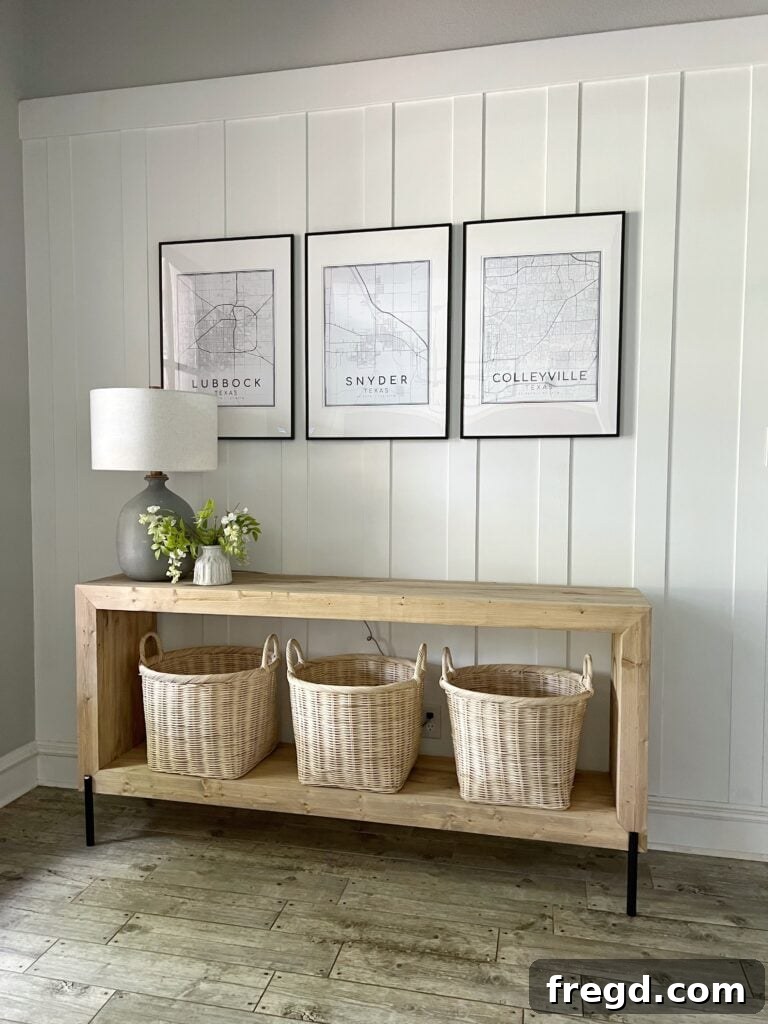 Another view of the completed console table with decor