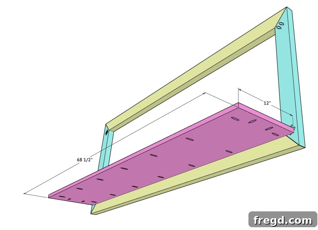 Attaching the bottom shelf board to the front frame with pocket holes