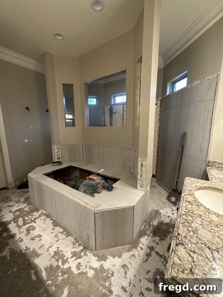 Master Bath Oasis Reimagined 13 Demolition showing removed shower and old vanity.