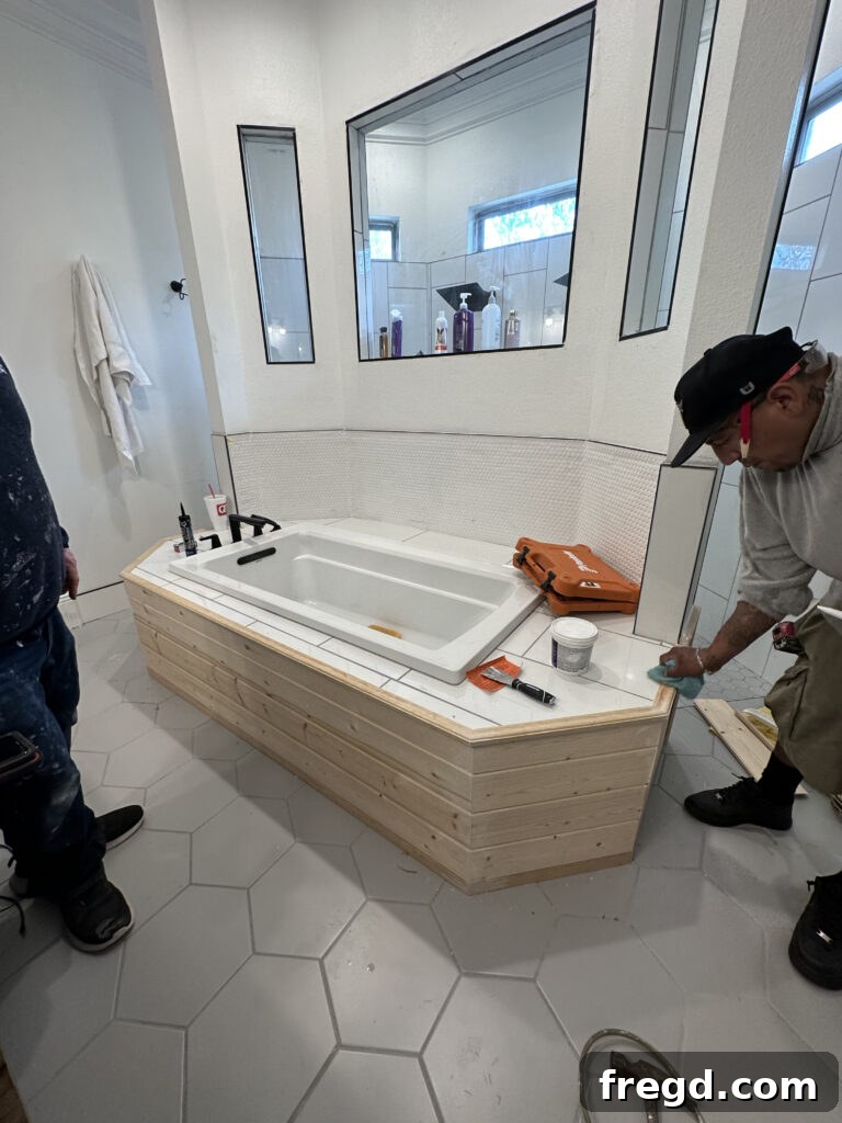 Master Bath Oasis Reimagined 20 Garden tub skirt with tongue and groove planks.