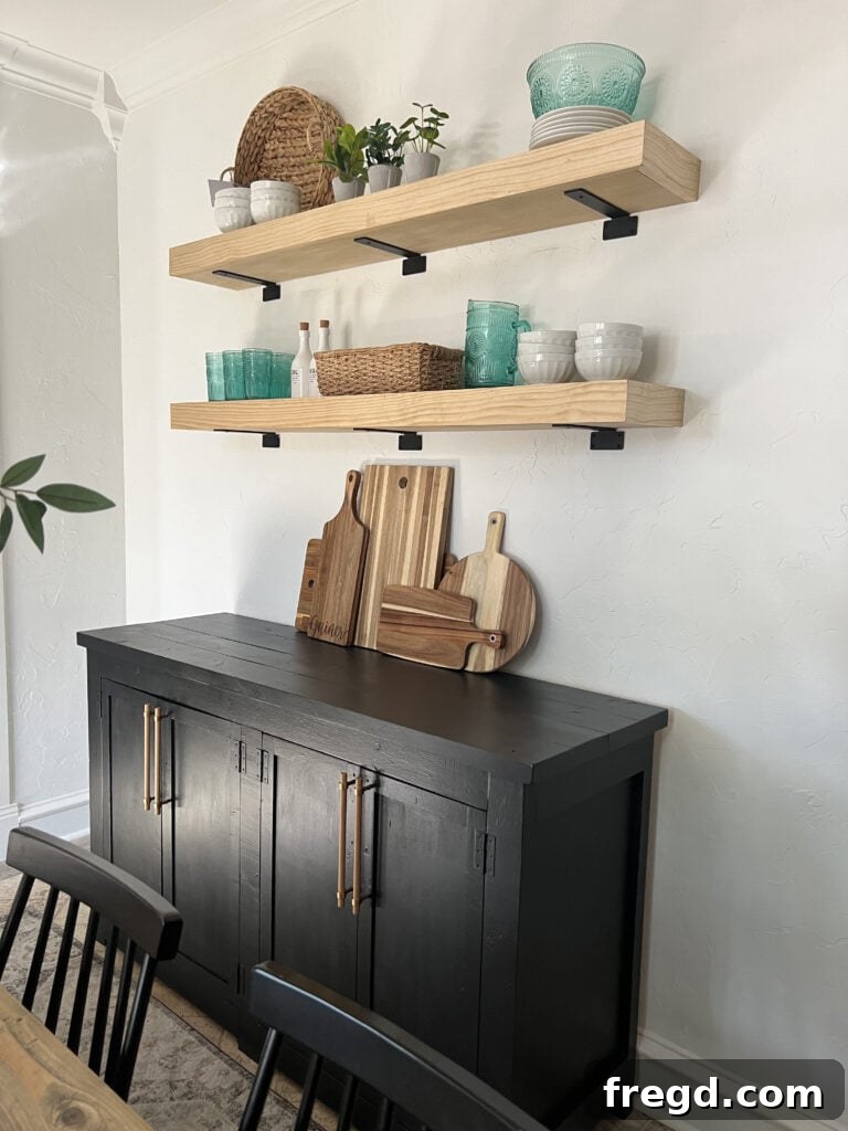 Modern Dining Room Makeover DIY Floating Shelves 2 Beautifully crafted DIY floating shelves adding elegance to a modern dining room