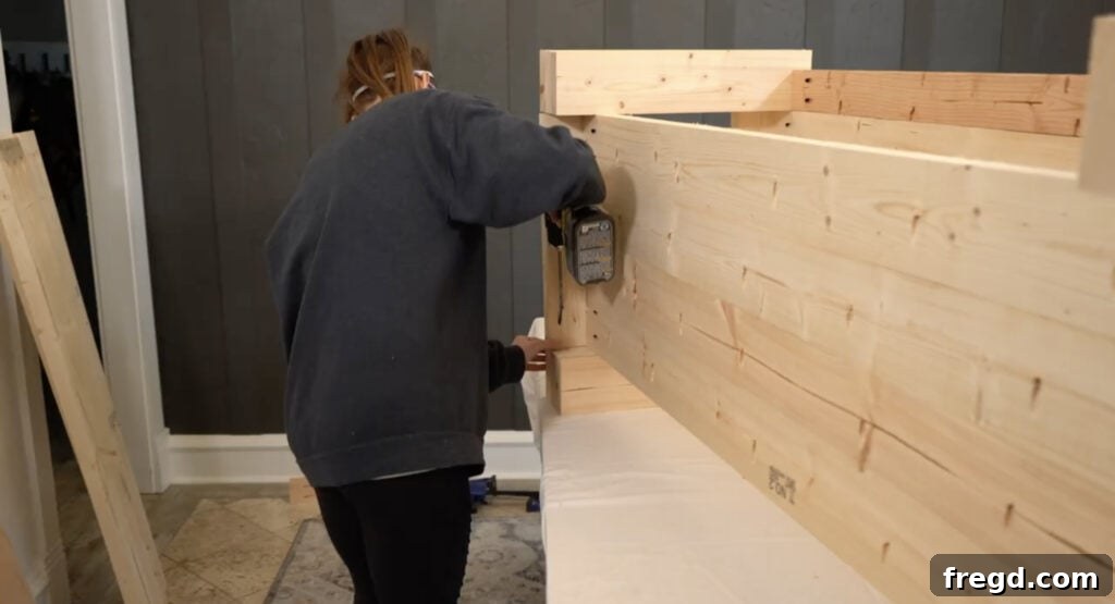 Handcraft a Modern Wood Coffee Table 9 Bottom plank assembly being attached to the legs with pocket hole screws and wood glue.
