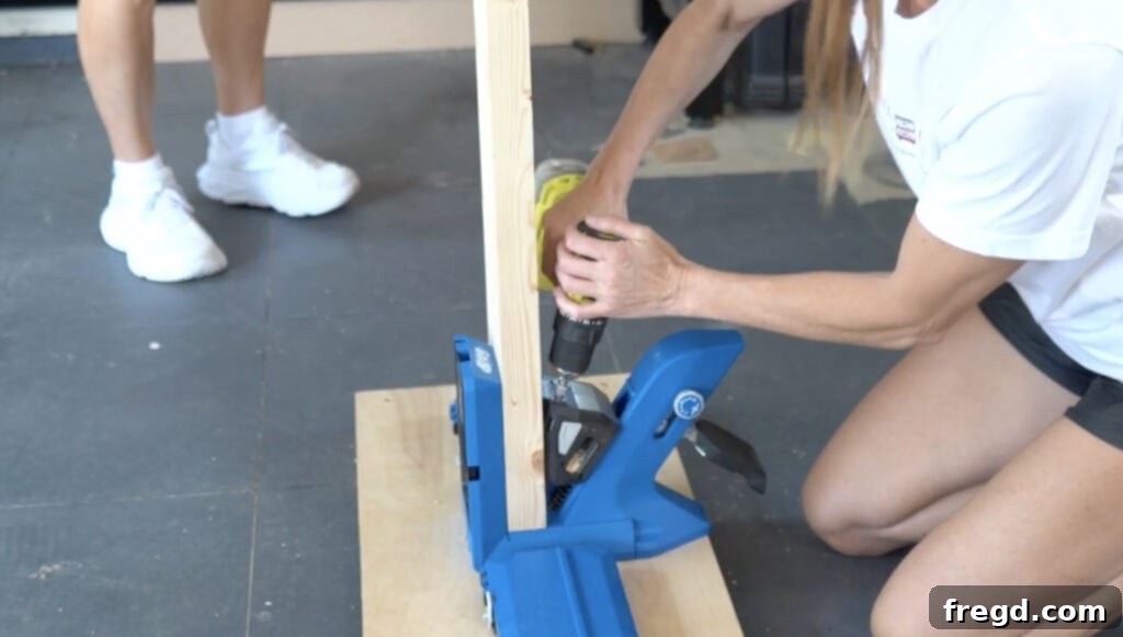 Drilling pocket holes on lounge chair frame boards