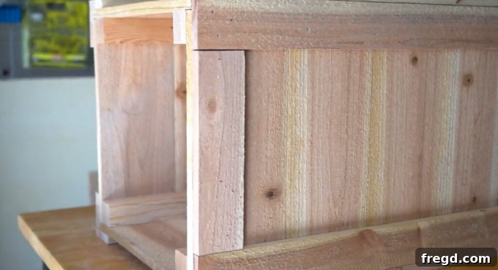 Attaching long top trim pieces to the top and bottom of the long sides of the planter, completing the trim work.