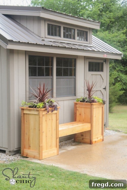 A unique planter box with an integrated bench, offering both seating and greenery for a patio.
