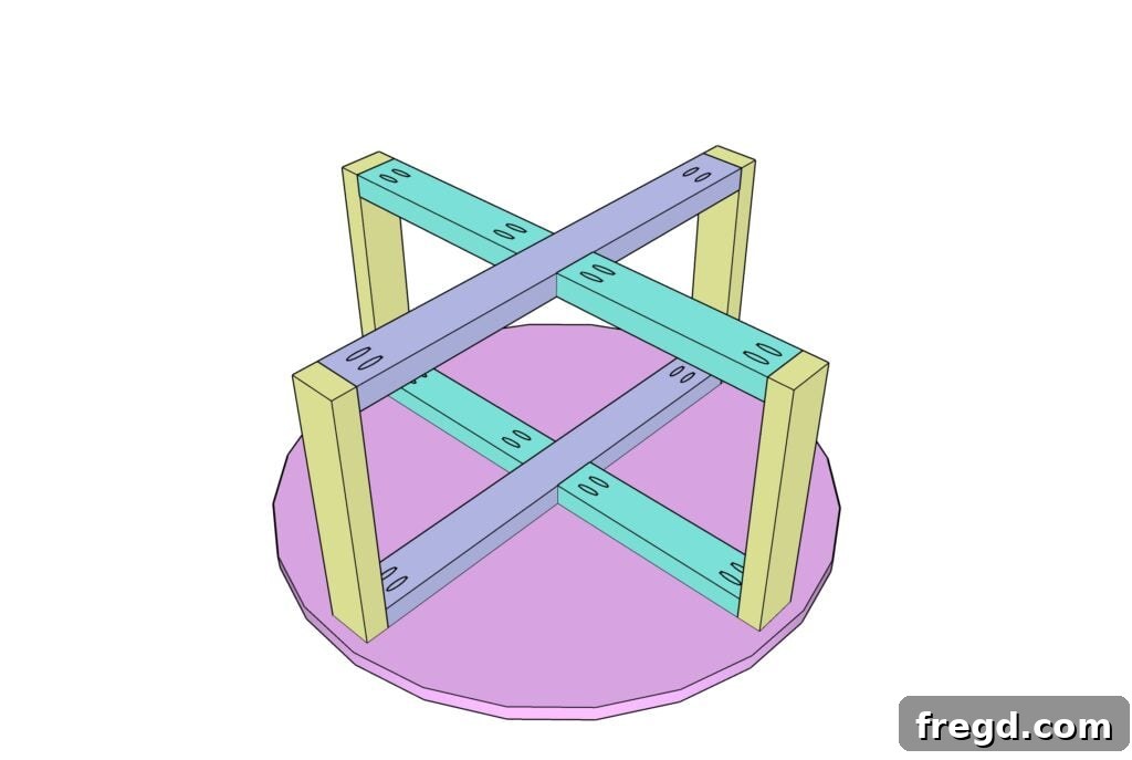Underside view of coffee table base being attached to the tabletop