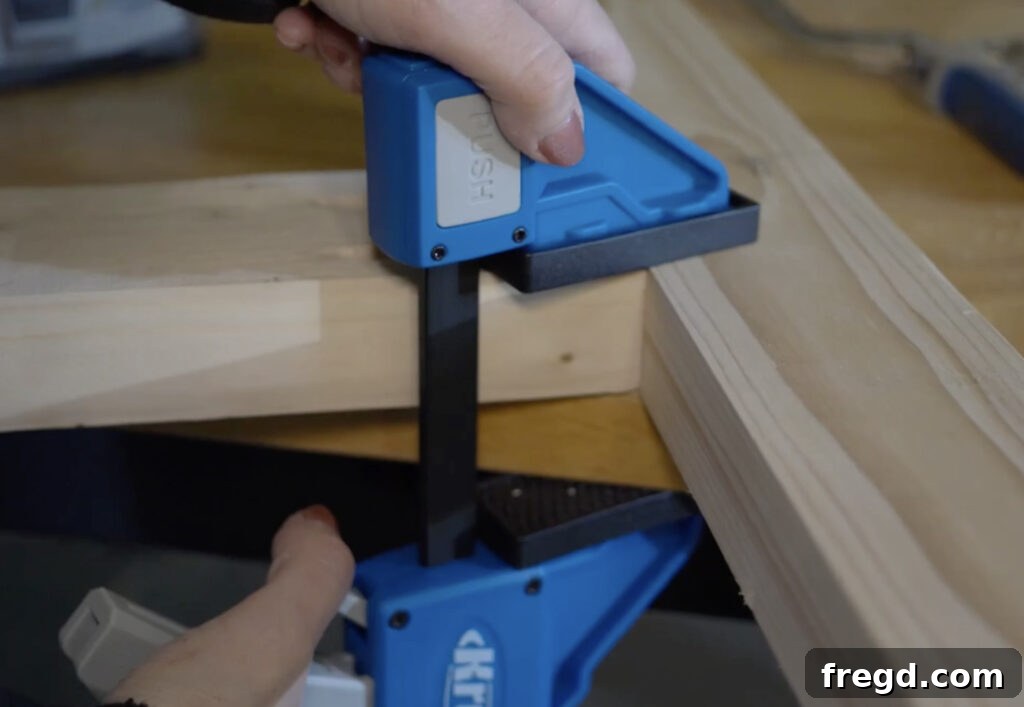 Kreg VersaGrip clamp holding wood pieces together during assembly