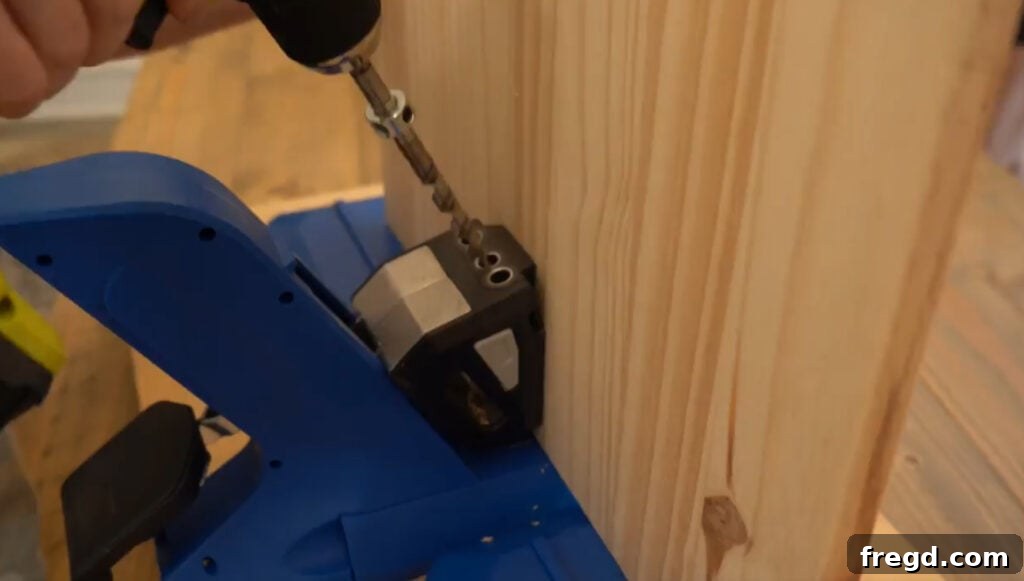 Build Your Own Side Table A Complete Visual Guide 3 Drilling pocket holes into nightstand shelf pieces