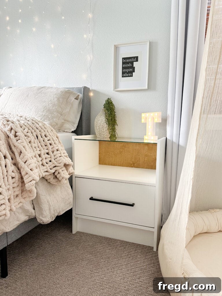 Build Your Own Side Table A Complete Visual Guide 24 Full shot of the nightstand with details of the glass top and drawer pull