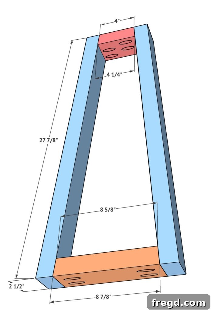 Diagram illustrating the assembly of the console table leg structure with angled cuts.
