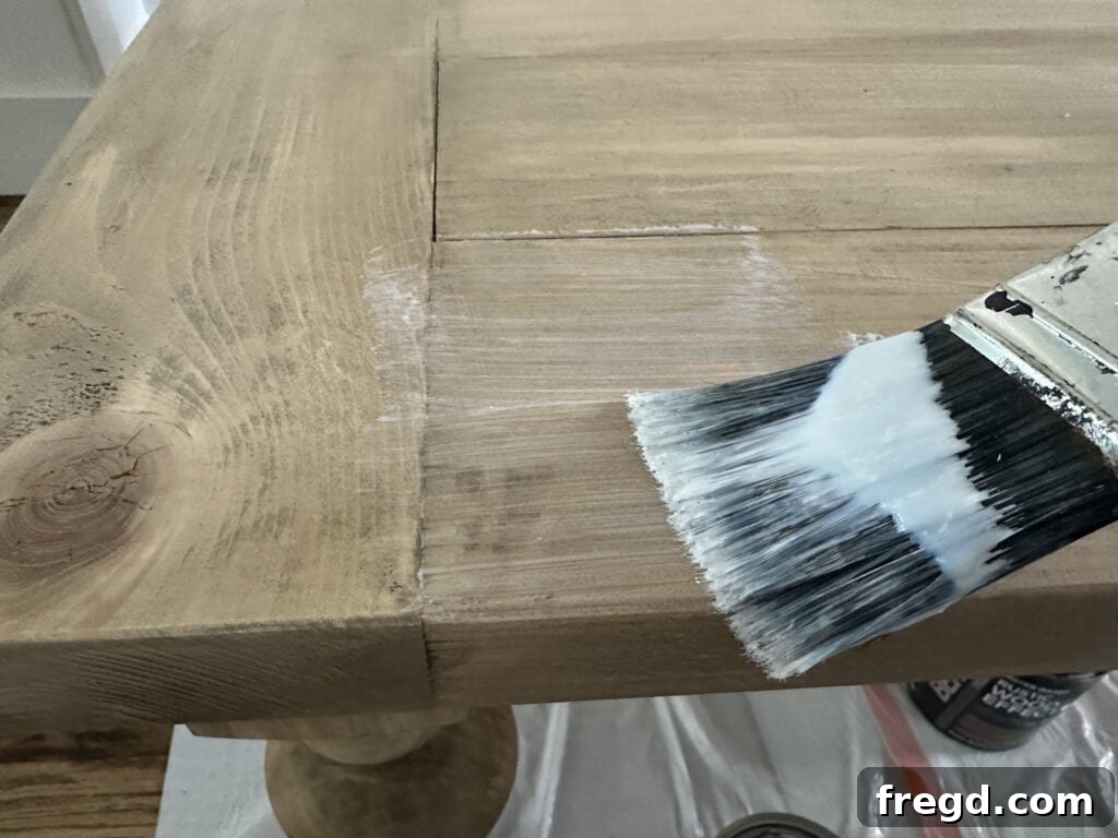 Close-up of the finished coffee table surface with protective clear coat