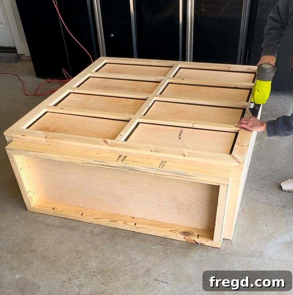 Craft Your Own Custom Dresser 25 Attaching the complete face frame to the front of the dresser