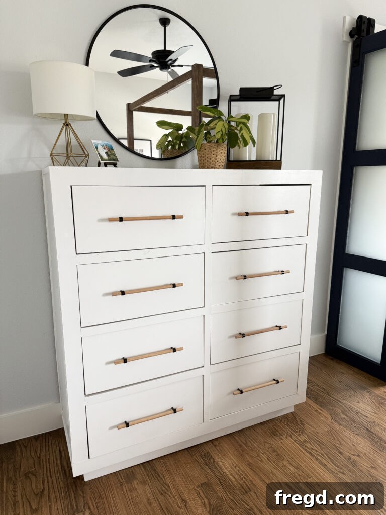 Craft Your Own Custom Dresser 34 Final view of the completed 8-drawer dresser, showcasing its modern design