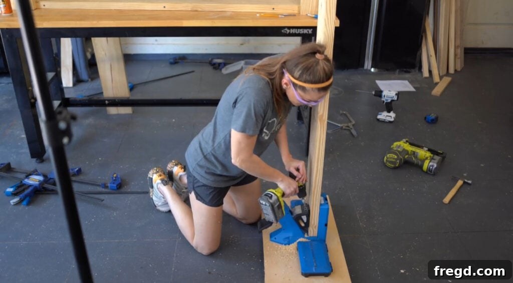 Drilling pocket holes on apron pieces for console table assembly