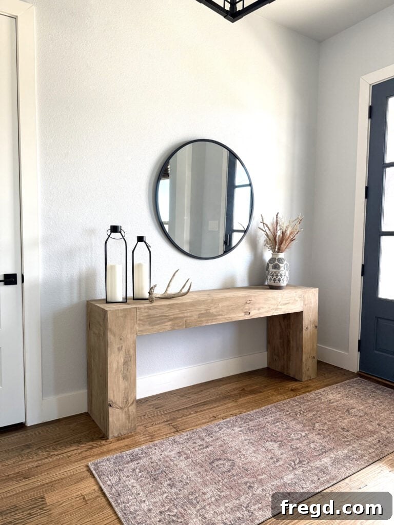 Finished chunky DIY wood console table in entryway