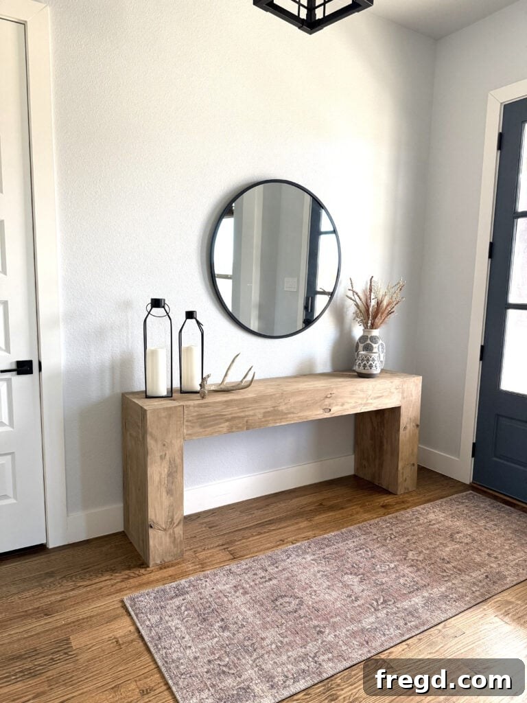 Close-up of the chunky wood console table's textured finish