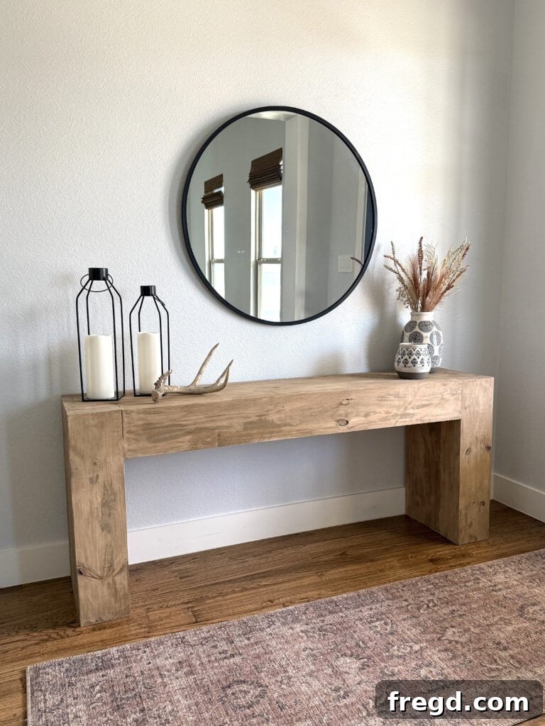 Side view of chunky console table in entryway