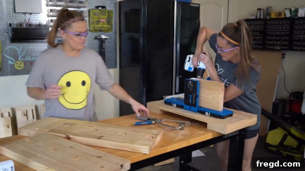 Drilling pocket holes on wood trim piece for console table panels