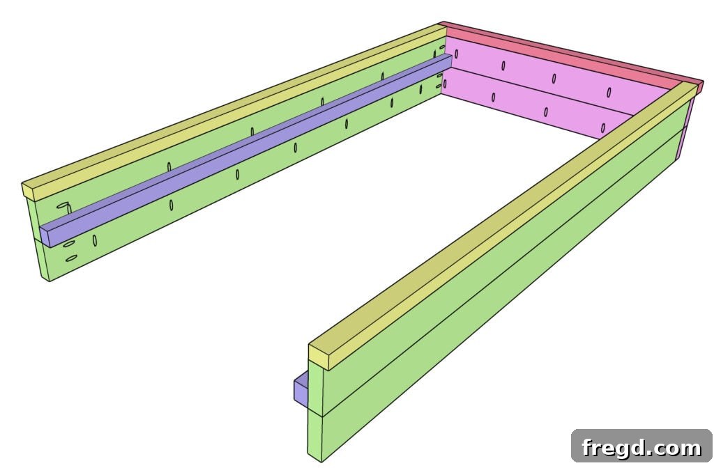 Build Your Own Twin Platform Bed 14 Attaching the finished side frame to the footboard using Kreg screws.