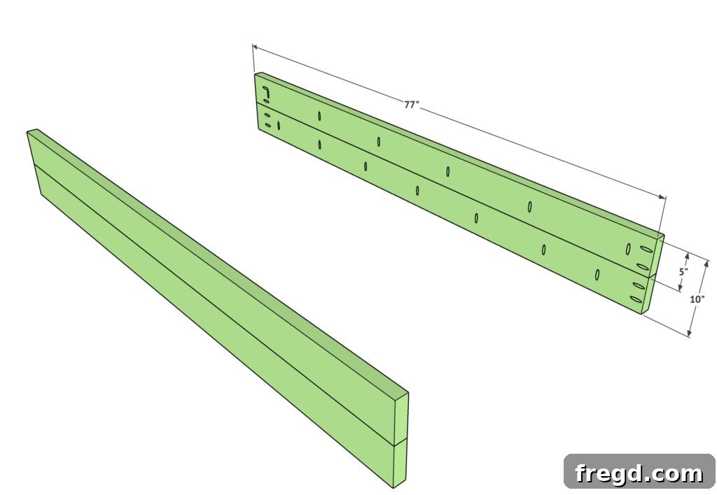 Build Your Own Twin Platform Bed 4 Wood boards prepared with pocket holes for side frame assembly.