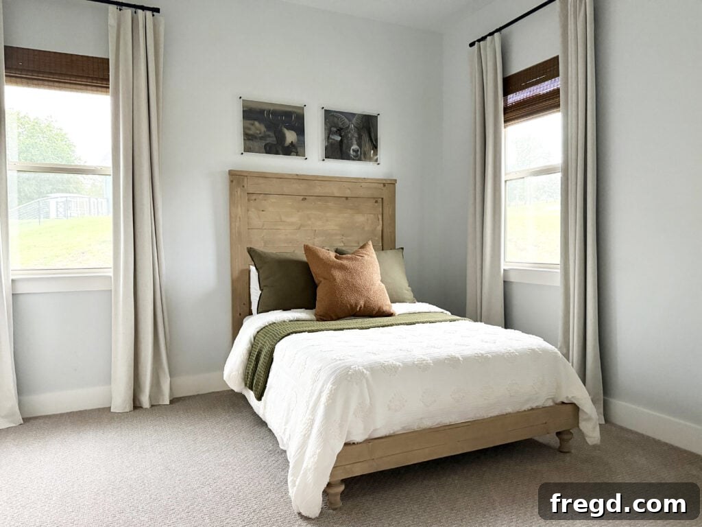 A welcoming guest room featuring the DIY full-size bed frame