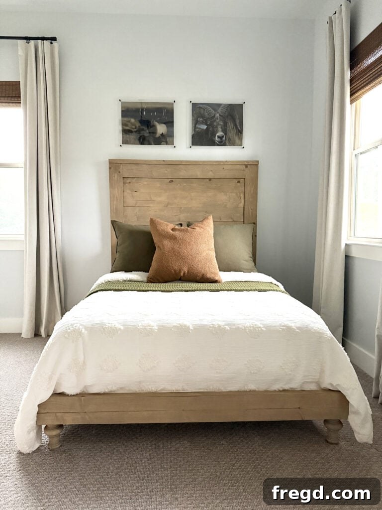 The DIY bed frame as the focal point of the guest room