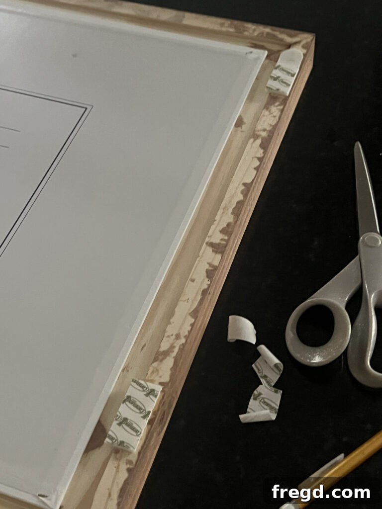 A wooden frame being pressed firmly onto a wall where Command Strips have been applied, using a level to ensure straightness.