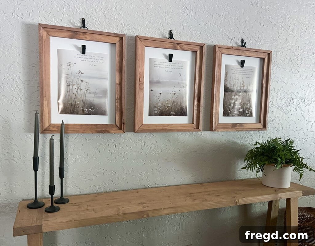 A beautifully decorated wall featuring three finished custom wooden frames with swappable botanical artwork and decorative hooks, enhancing a cozy living space.