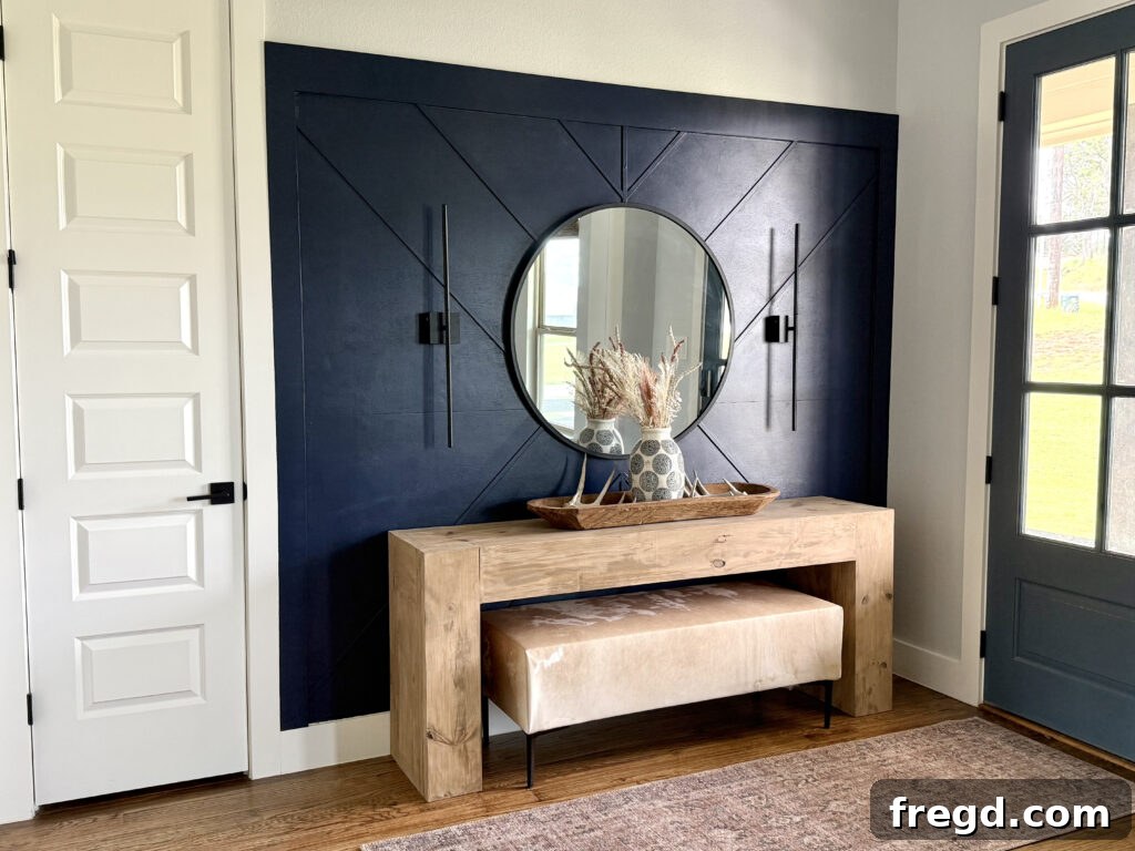 Removable Modern Accent Wall DIY for Renters 18 Wide view of the completed renter-friendly accent wall and decorated entryway.