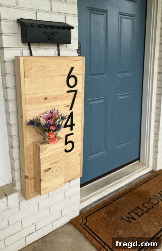 Final look of the DIY wall planter with address numbers and plants on a welcoming front porch