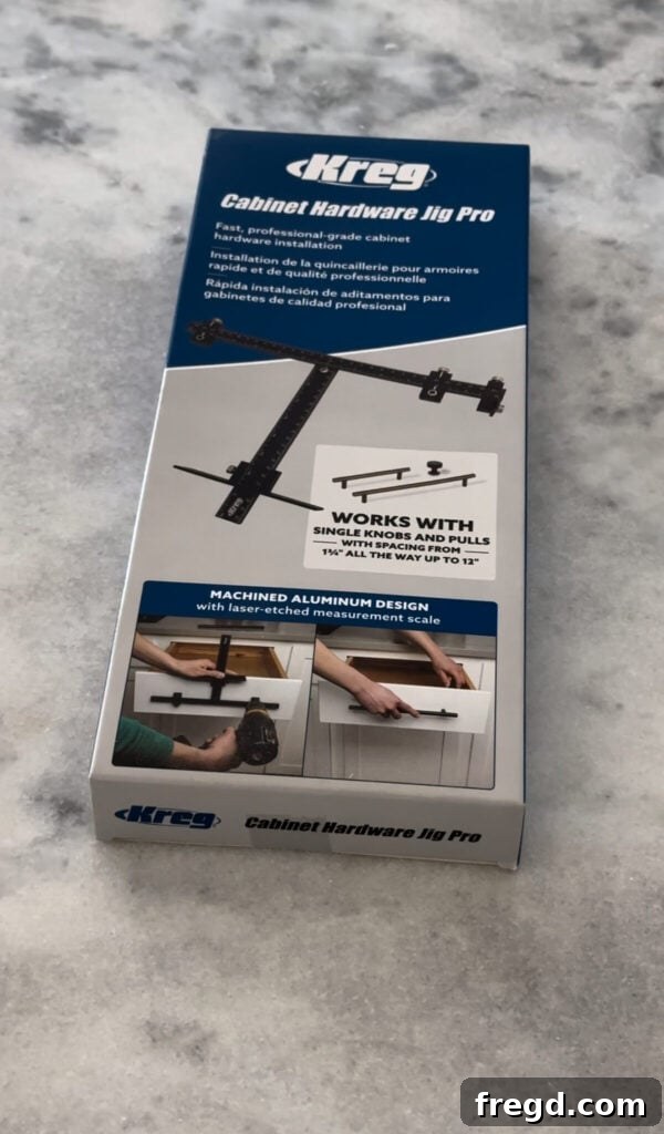 Easy Wood Nightstand Builds for Newbies 23 Close-up of the Kreg KHI-XLPULL Cabinet Hardware Jig Pro in use, demonstrating its precision.
