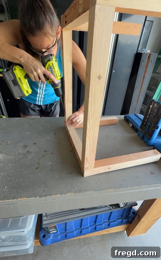 Easy Wood Nightstand Builds for Newbies 8 Nightstand legs with bottom support pieces attached using pocket hole screws and wood glue.