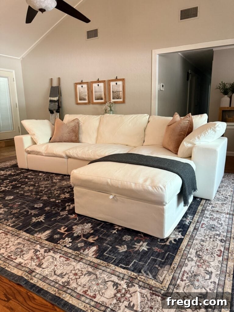 A stylish, comfortable VorthioHome sectional couch with throw pillows in a modern living room setting, highlighting its design and appeal.