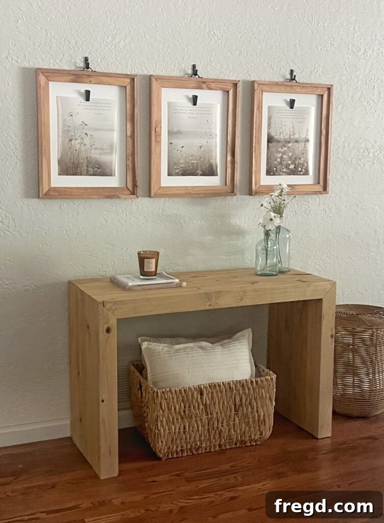 Modern Waterfall Console Build It Yourself for Less Than 100 Dollars 2 Completed DIY Waterfall Console Table in a modern entryway