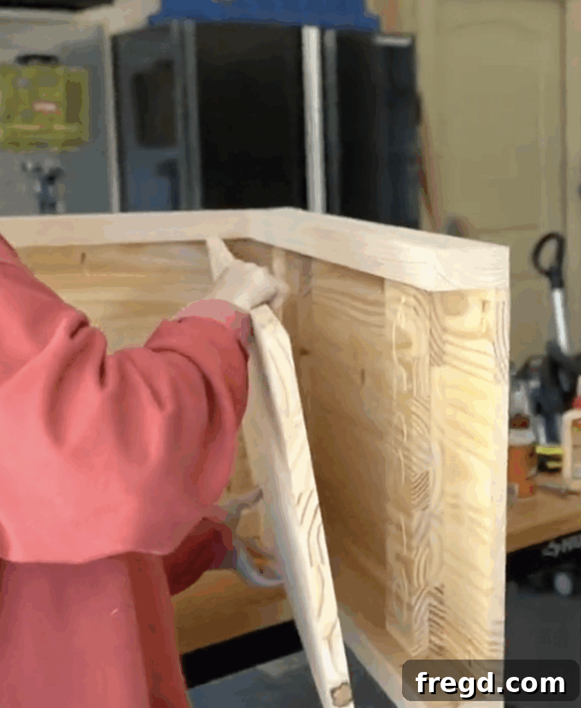 Modern Waterfall Console Build It Yourself for Less Than 100 Dollars 19 Applying wood glue to internal surfaces for cover panels