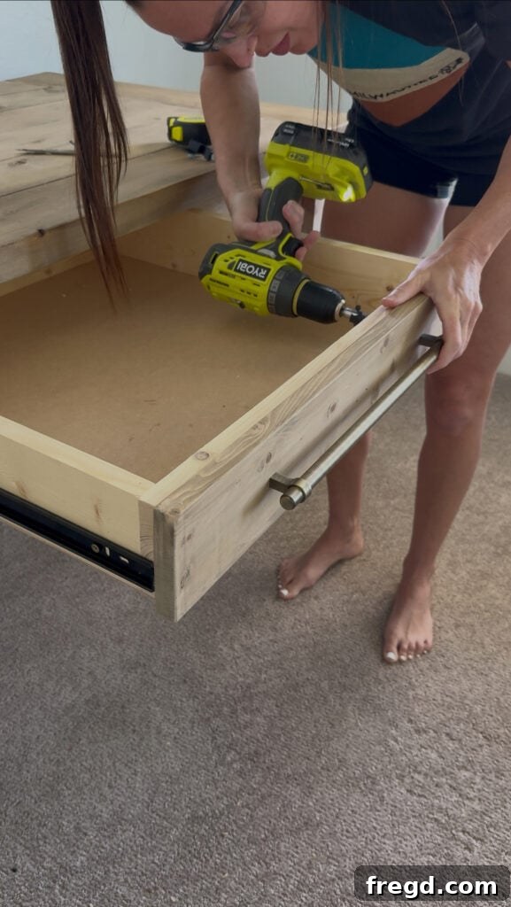 Successfully installed drawer pull after modifying the drawer frame