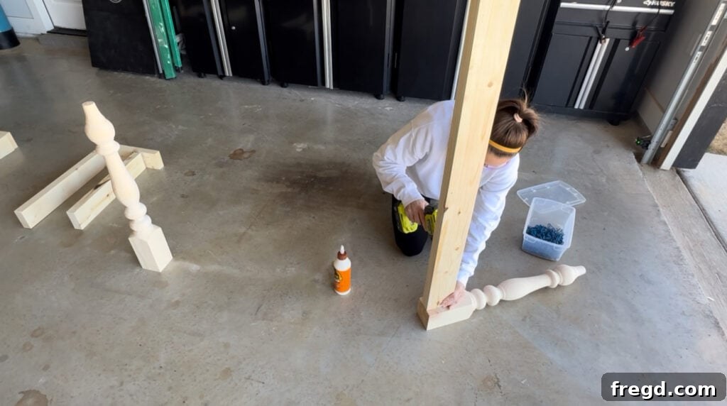 Assembling the desk base with a leg and long back apron