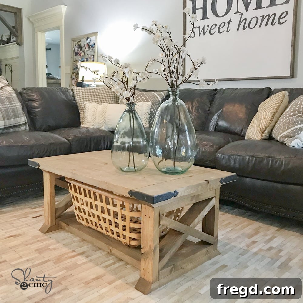 Craft Your Perfect Coffee Table: 16 Free DIY Plans and Video Tutorials 13 Chunky 8-board farmhouse coffee table built from 2x lumber