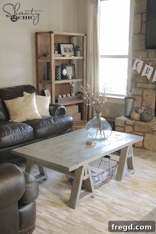 Craft Your Perfect Coffee Table: 16 Free DIY Plans and Video Tutorials 16 Rustic sawhorse coffee table with distinctive sawhorse-style legs