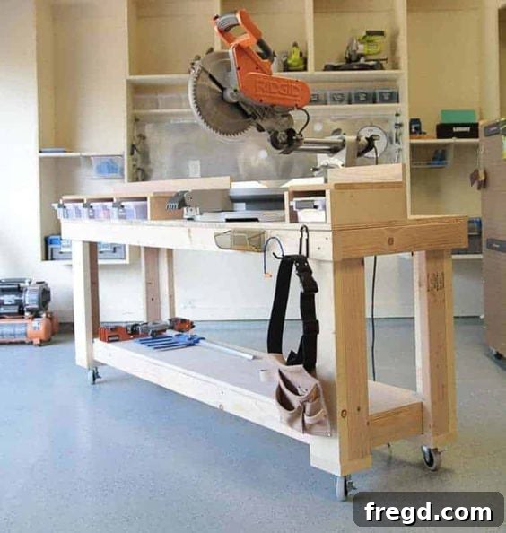 Craft Your Perfect Coffee Table: 16 Free DIY Plans and Video Tutorials 3 A miter saw set up in a workshop for making precise wood cuts