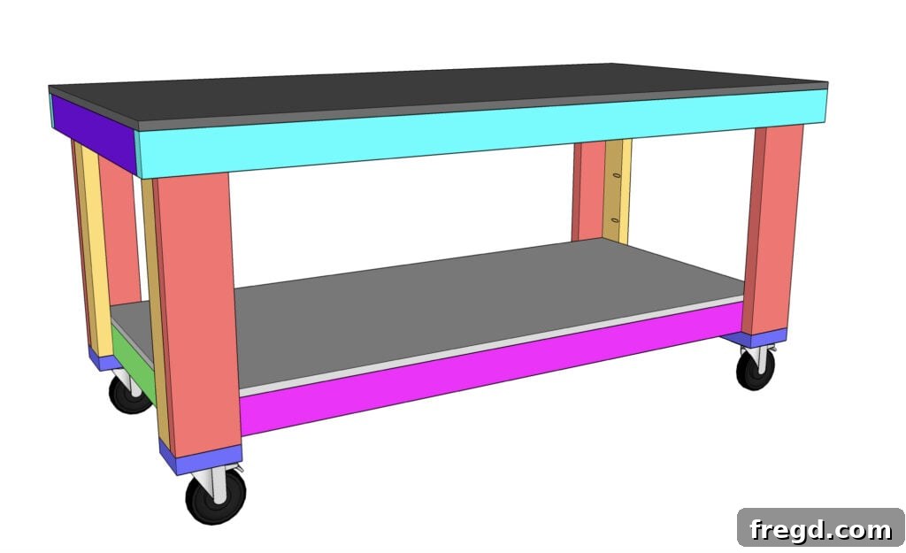 Ultimate DIY 4x8 Workbench With Free Plans 11 Attaching the MDF panels for the bottom shelf and top work surface with glue and brad nails.