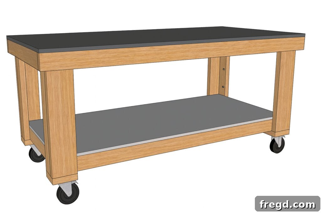 Ultimate DIY 4x8 Workbench With Free Plans 12 Finished 4x8 workbench with a protective coating, ready for use.