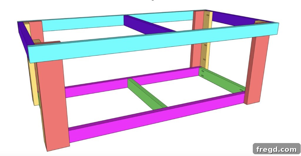 Ultimate DIY 4x8 Workbench With Free Plans 8 Attaching the top frame to the workbench legs, ensuring flush alignment.
