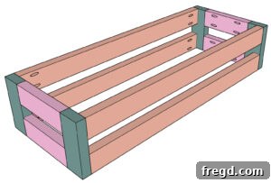 Completed rectangular bench frame structure.