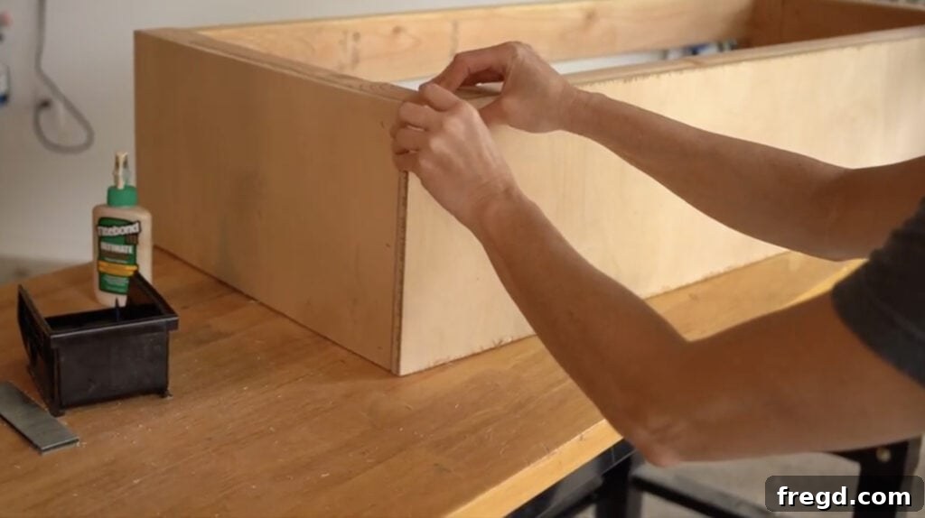 Attaching the front plywood panel to the DIY cowhide bench frame, preparing the surface for batting and upholstery.