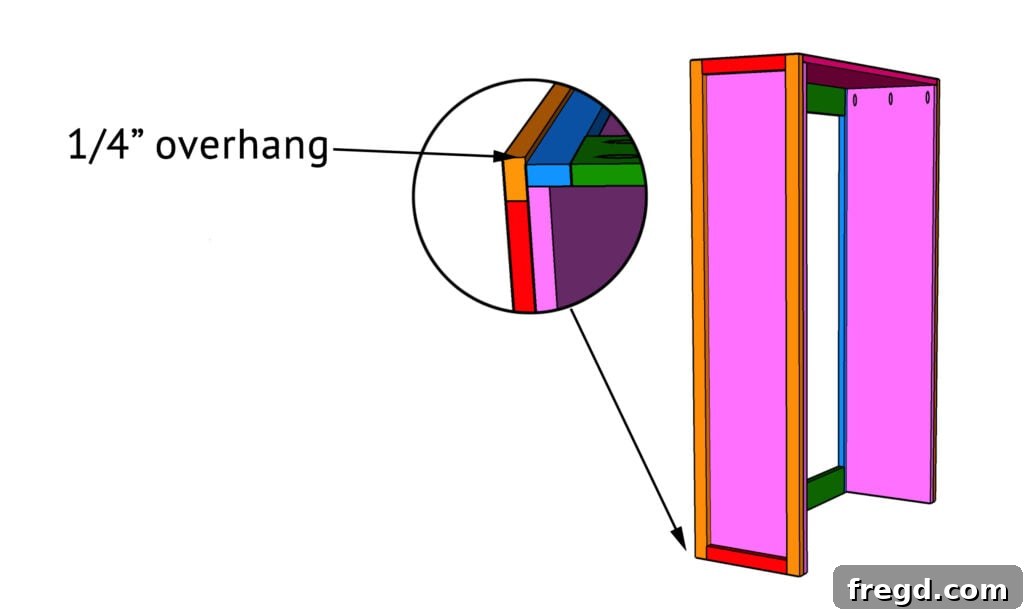 Detail of the side trim overhanging the hutch back frame.