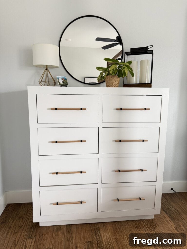 A spacious DIY 8-drawer dresser with modern hardware.