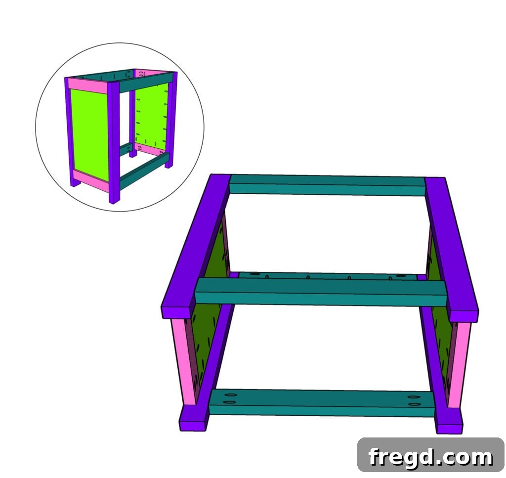 Connecting the two cabinet frames with side panels to form the complete cabinet box.