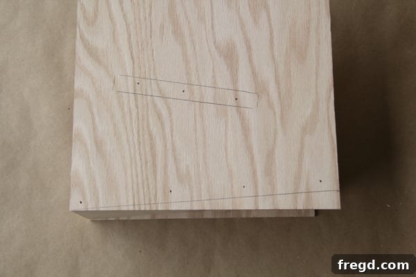 The second side panel being nailed into place, completing the basic frame of the organizer