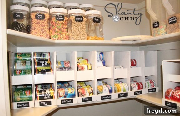 Completed DIY canned food storage organizer in a pantry